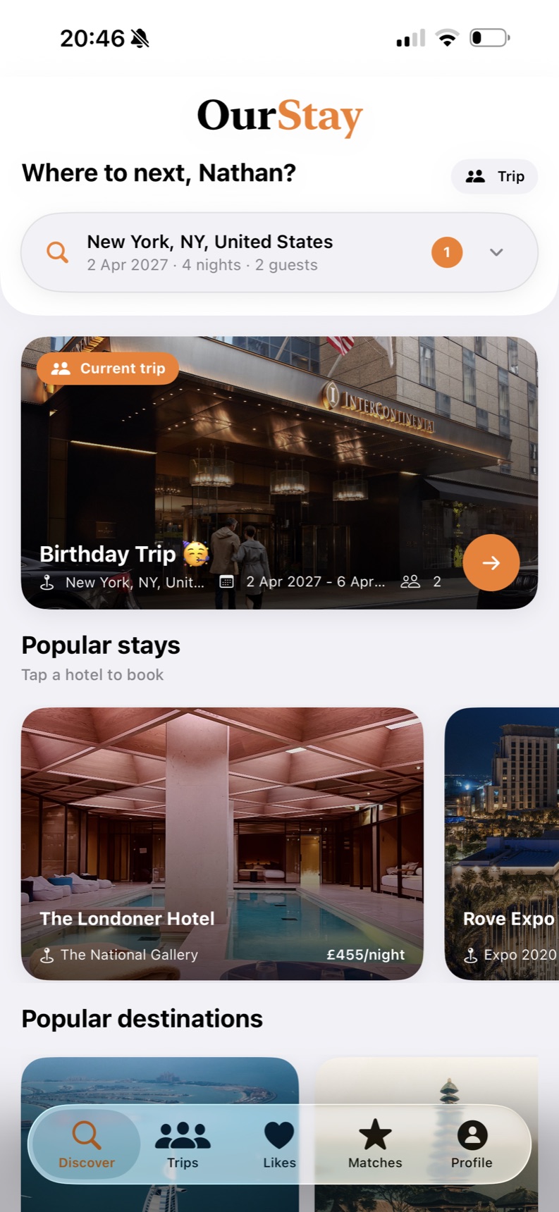 OurStay home screen showing a New York trip search and popular stays