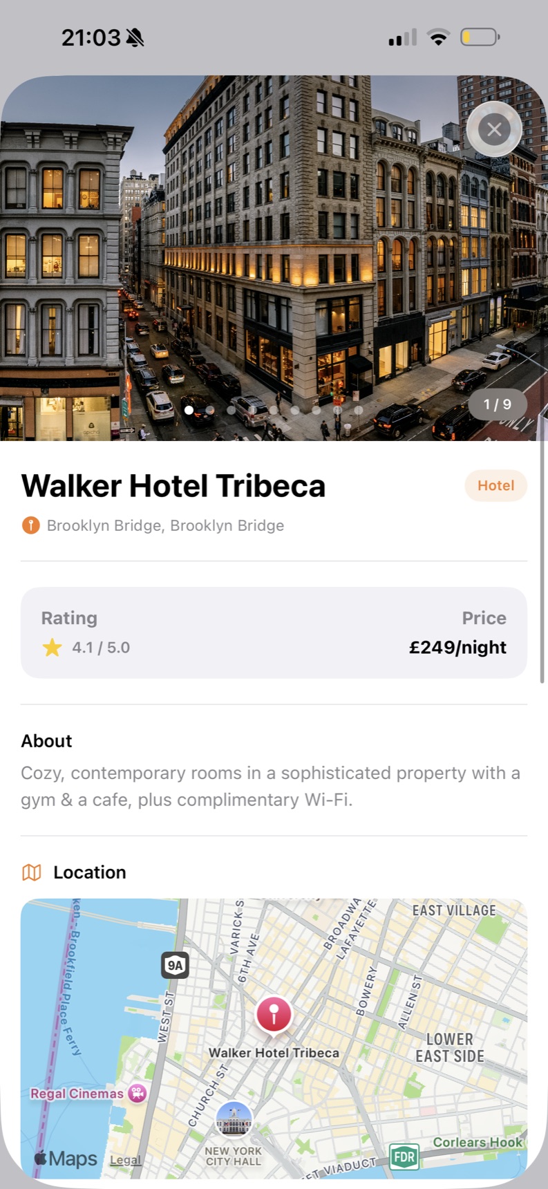 OurStay hotel detail screen with photos, rating, price and map