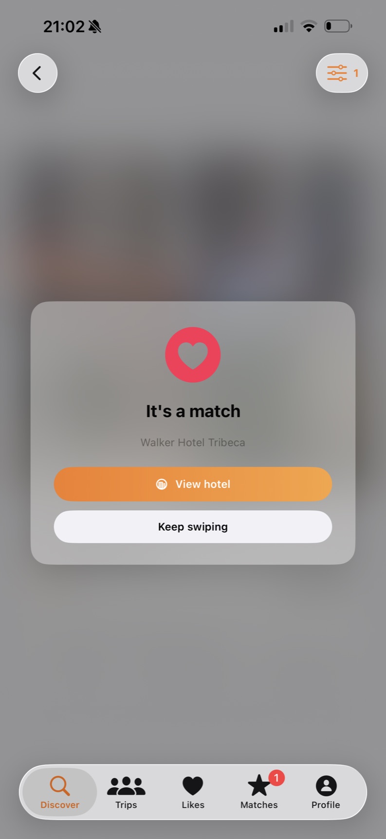 OurStay match screen showing a hotel everyone liked