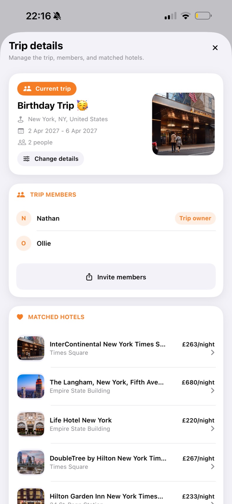 OurStay trip details screen